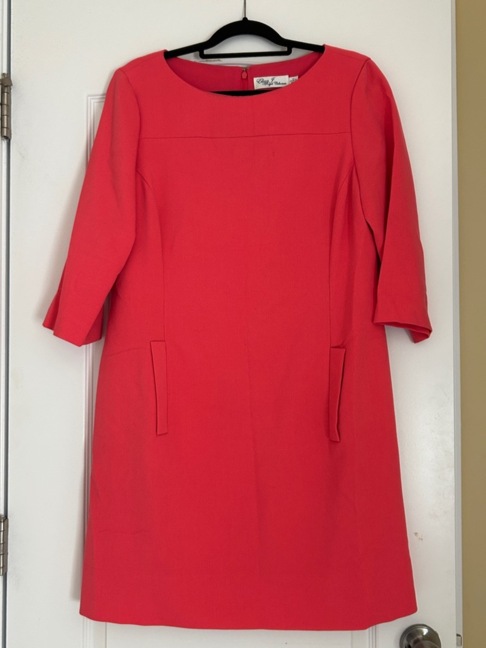 Eliza J Bright Coral Midi Shift Dress with 3/4 Sleeves